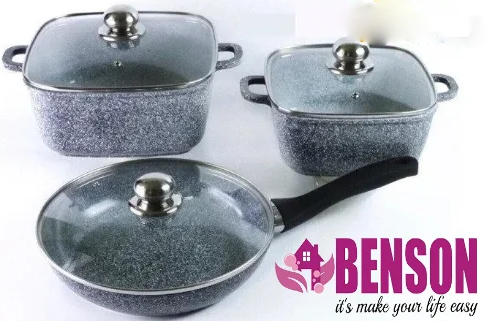 BN-326 Набор Кастрюля квадр. с крышкой и сковорода с крышк. 6пр - Литой алюминий- ГРАНИТНОЕ  покрыти