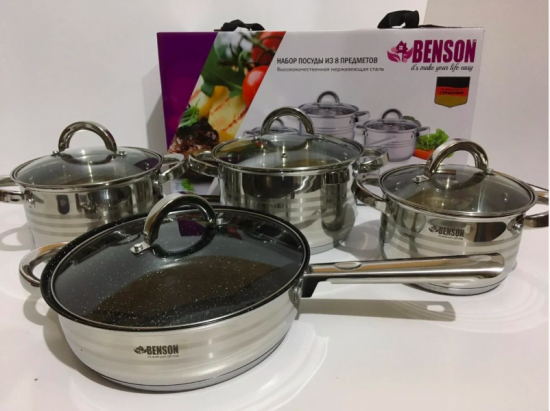 BN-194 Набор кастрюль нерж. 8пр. 2,1л 2,9л 3,9л+сковородка