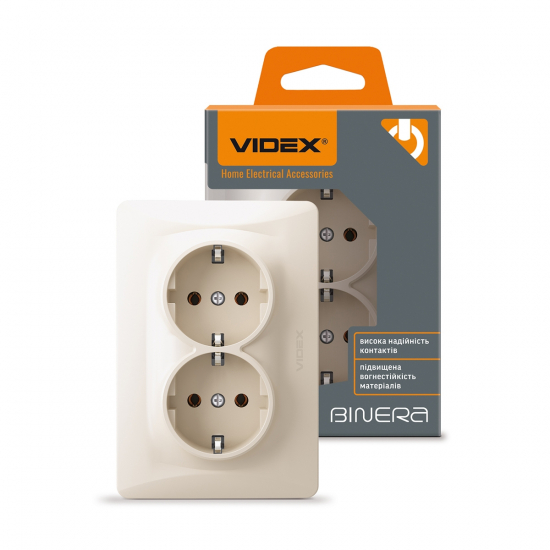 Розетка подвійна із заземленням кремова VIDEX BINERA (VF-BNSK2G-CR) (10/80)