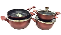 BN-345 Набор кастрюль 7 пред. 2,5л;4,5л;6,5л; сковор. 24 см мрам.покр. красное