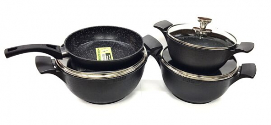 BN-346 Набор кастрюль 7 пред. 2,5л;4,5л;6,5л; сковор. 24 см мрам.покр. коричневое