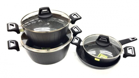 BN-344 Набор кастрюль 7 пред. 2,4л;4л;6,8л; сковор. 24 см мрам.покр. внешн. сторона с полосками